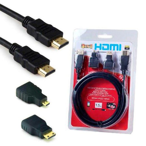 Kit 3×1- 1 Cabo HDMI-Macho 1,5Metros x 1 Adaptador Mini e 01 Micro V1.4 Preto