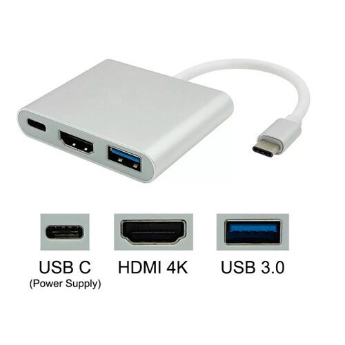 Cabo Adaptador de vídeo Multiportas Tipo-C para HDMI c/USB3.0 e USB-C Md9 Thunderbolt